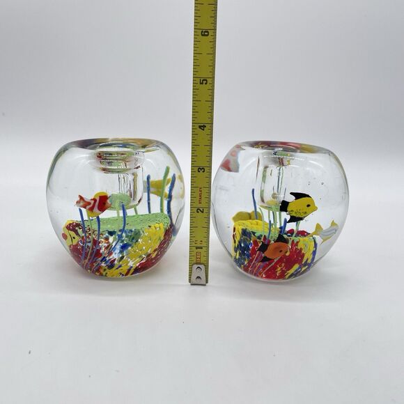Set of 2 Vintage Murano Style Paperweights 3.5” Aquarium Candle Holders - Picture 10 of 10